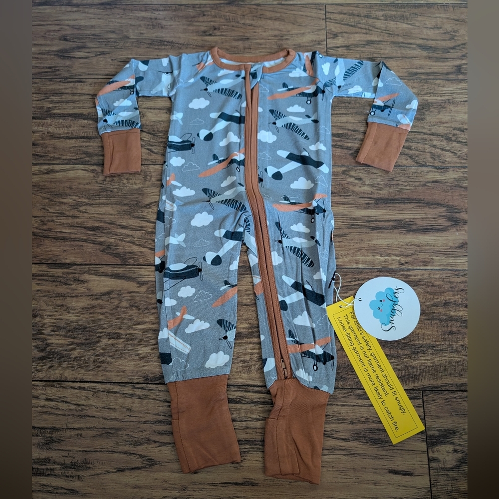 NWT Bamboo Vintage Airplane Print 2 Way Zip Convertible Footie Pajamas‎